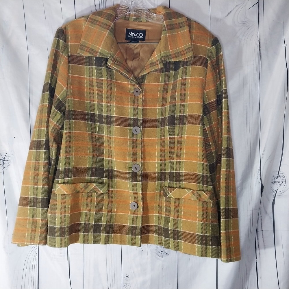 New York & Company Women's Plaid Vintage 90's Button-Up Blazer